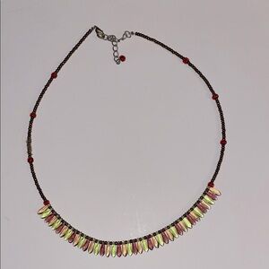 Elegant Beaded Necklace, brass color with purple and green , vintage